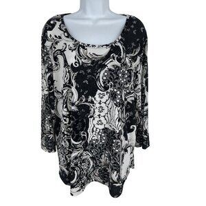 Chicos Black & White Baroque Print Long Sleeve Scoop Neck Tunic Top Size 3 US XL
